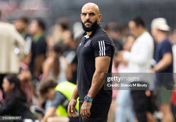 Yassine Chueko the body guard for Lionel Messi of Inter Miami CF before the start of a MLS League game against D.C.United at the Chase Stadium on May...