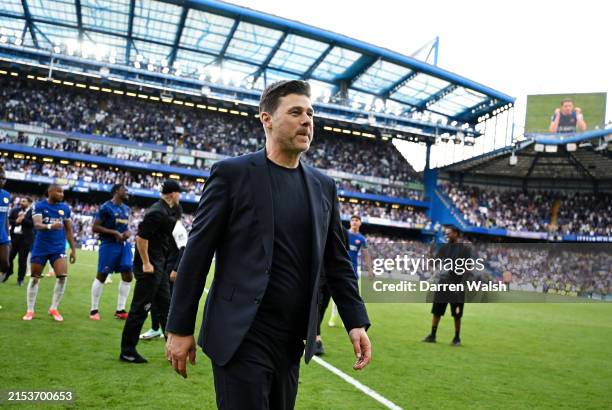 Mauricio Pochettino, Manager of Chelsea, looks on at full-time following the team's victory in the Premier League match between Chelsea FC and AFC...