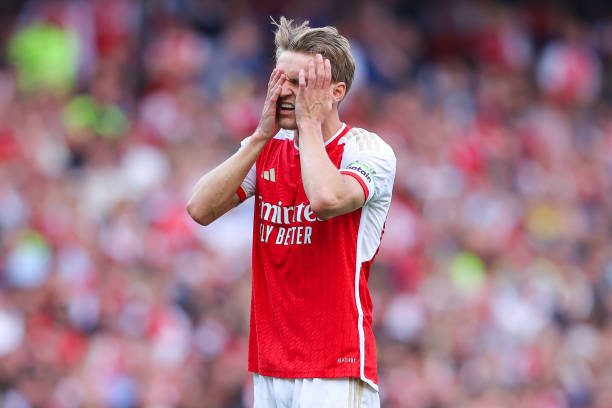 Martin Odegaard of Arsenal looks dejected during the Premier League match between Arsenal FC and Everton FC at Emirates Stadium on May 19, 2024 in...