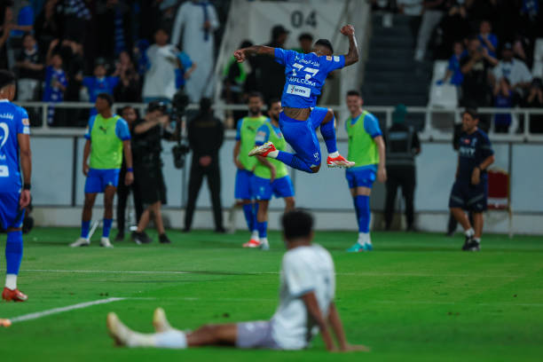 Malcom of Al Hilal celebrates after scoring the 3rd goal during the Saudi Pro League match between Al-Hilal and Al Ta´ee at Al Shabab Club Stadium on...