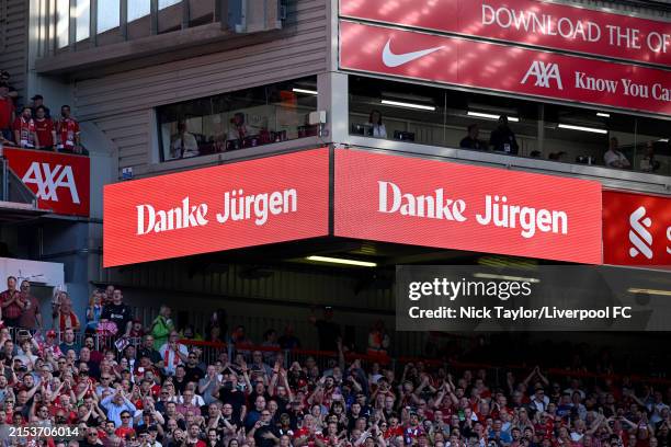 The Liverpool scoreboard thanks Jurgen Klopp after the Premier League match between Liverpool FC and Wolverhampton Wanderers at Anfield on May 19,...
