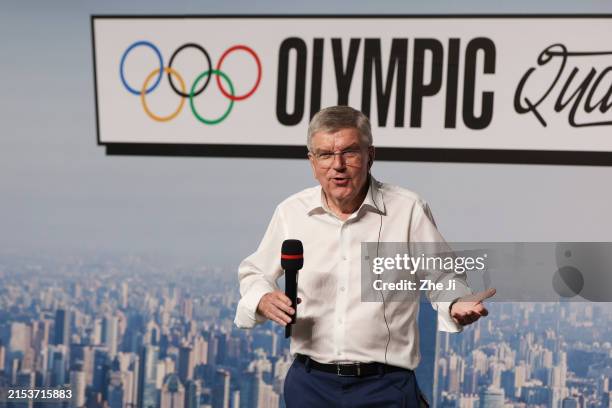 International Olympic Committee President Thomas Bach speaks in a press conference during 2024 Olympic Qualifier Series on May 19, 2024 in Shanghai,...