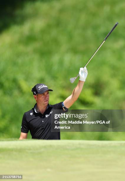 Justin Thomas of the United States reacts after his shot on the third green during the final round of the 2024 PGA Championship at Valhalla Golf Club...