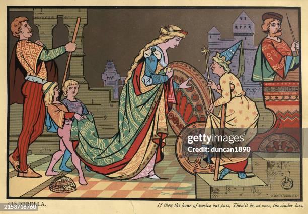 illustrated fairy tales, cinderella transformed by the fairy godmother, vintage illustration, 19th century - allegory painting stock illustrations