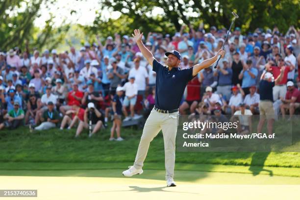 Bryson DeChambeau of the United States reacts on the 18th green during the final round of the 2024 PGA Championship at Valhalla Golf Club on May 19,...