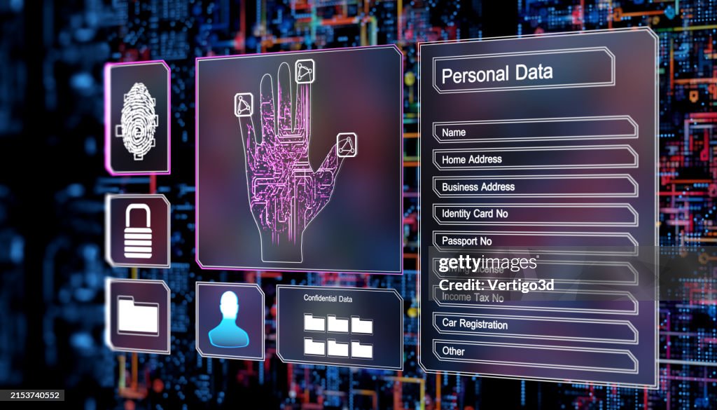 Digital person identity concept with touch screen biometrics security by fingerprint. abstract UI.