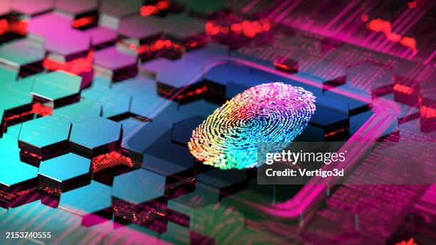 colorful fingerprint - person identity. digital concept touch screen biometrics security. - impressão digital imagens e fotografias de stock