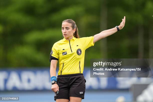 Referee Marie Durr during a game between Philadelphia Union II and New England Revolution II at Gillette Stadium on May 19, 2024 in Foxborough,...