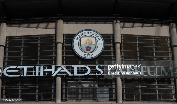 Detailed view of the Manchester City Etihad Stadium logo outside the stadium prior to the Premier League match between Manchester City and West Ham...