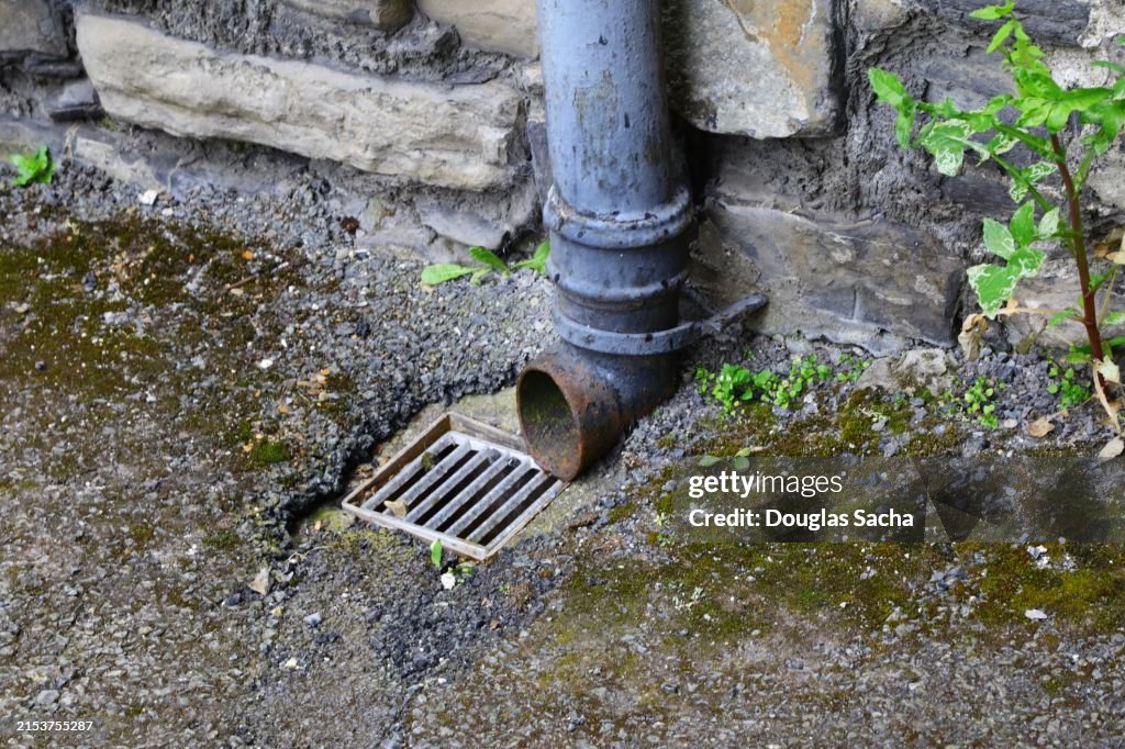 Rain gutters and downspouts on a building