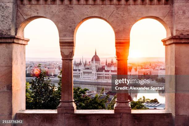 budapest skyline seen from fishermen's bastion at sunrise, hungary - unusual angle stock pictures, royalty-free photos & images
