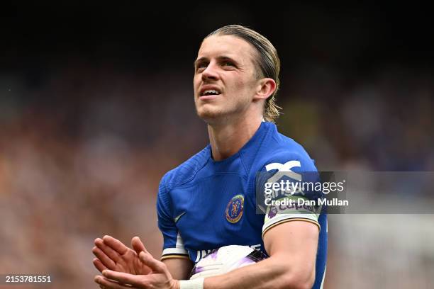 Conor Gallagher of Chelsea applauds the supporters during the Premier League match between Chelsea FC and AFC Bournemouth at Stamford Bridge on May...