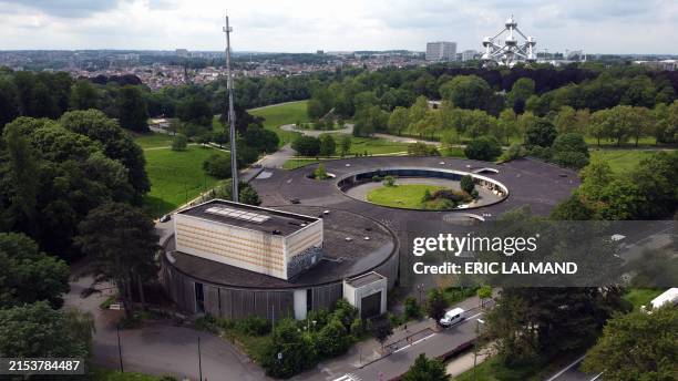 This aerial photograph taken on May 23, 2024 in Brussels shows a view of The landmark American Theatre, which was built for the 1958 World's Fair at...