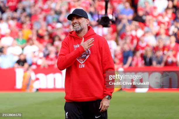 Jurgen Klopp, Manager of Liverpool, shows appreciation to the fans following his final match as Liverpool manager after the Premier League match...