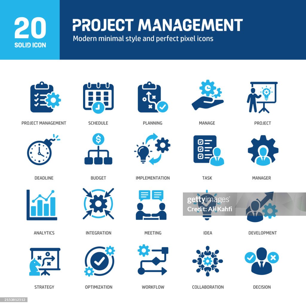 Project management glyph solid icons. Containing planning, management, analytics, development, strategy solid icons collection. Vector illustration. For website design, logo, app, template, ui, etc.