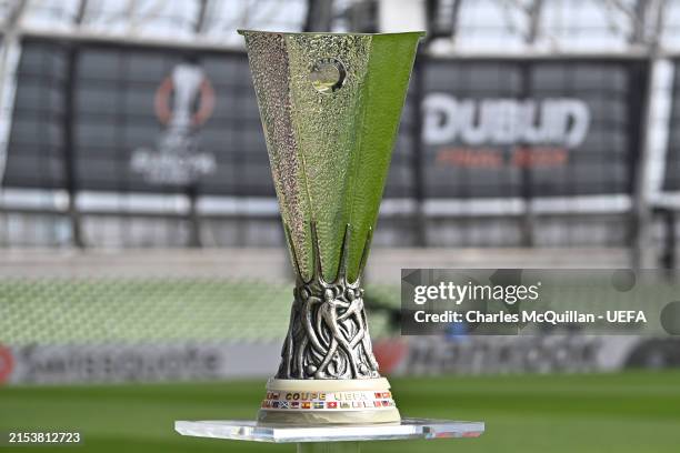 General view of the UEFA Europa League Trophy ahead of the UEFA Europa League 2023/24 final match between Atalanta BC and Bayer 04 Leverkusen at...