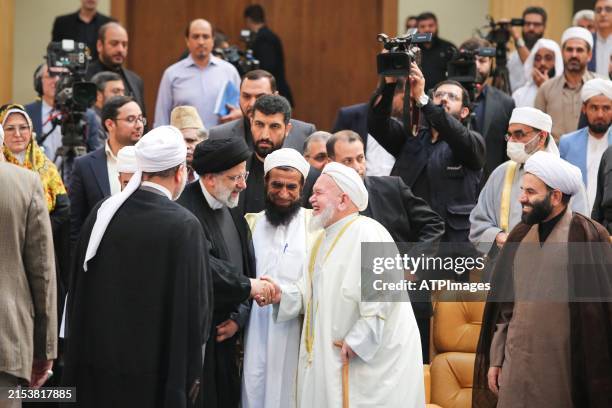 President Seyyed Ebrahim Raisi of Iran is seen during the meeting with scholars and elites of the Sunni community at the Iran International...