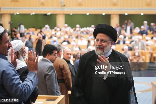 President Seyyed Ebrahim Raisi of Iran is seen during the meeting with scholars and elites of the Sunni community at the Iran International...