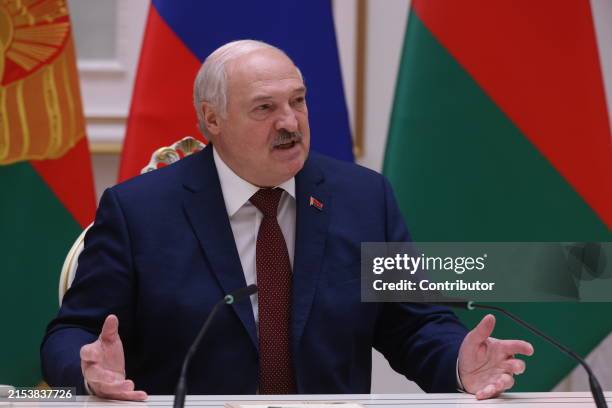Belarusian President Alexander Lukashenko speaks during a joint press confernce after Russan-Belarusian meeting at the Palace of Independence, on May...