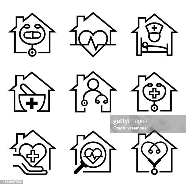 illustrations, cliparts, dessins animés et icônes de icônes de la ligne de sensibilisation communautaire des soins de santé à domicile - maison de retraite