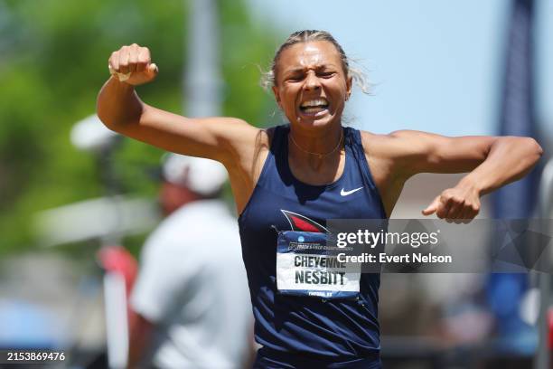 Cheyenne Nesbitt of the Saginaw Valley State University Cardinals yells out after winning the women's heptathlon event during the Division II Men's...