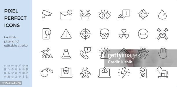 warning & danger icon set. editable stroke weight. pixel perfect icons. - nuclear explosion icon stock illustrations