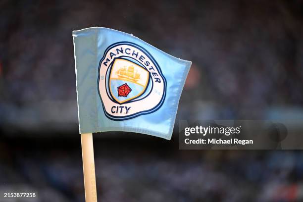 General view of a Manchester City corner flag during the Premier League match between Manchester City and West Ham United at Etihad Stadium on May...