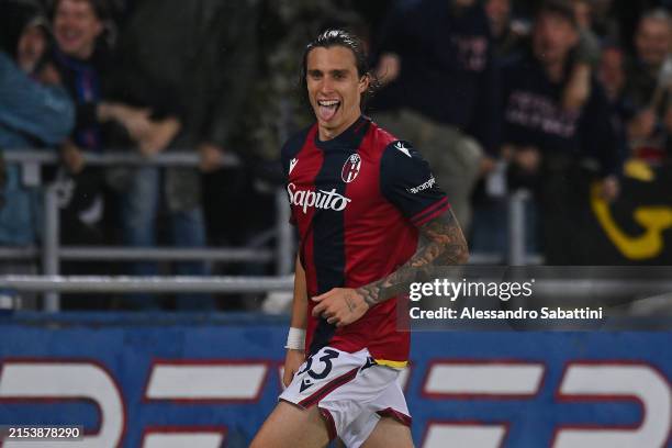 Riccardo Calafiori of Bologna FC celebrates scoring his team's third goal during the Serie A TIM match between Bologna FC and Juventus at Stadio...