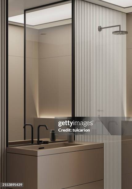 modern minimalist bathroom with matte beige large tiles - home showcase interior stock pictures, royalty-free photos & images
