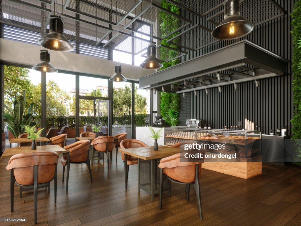 Modern Coffee Shop Interior With Tables, Coffee Maker, Pastries And Walled Garden