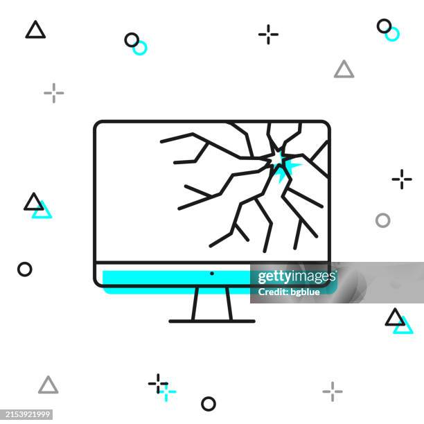 desktop computer with broken screen. line icon on white background - tv squeezed stock illustrations