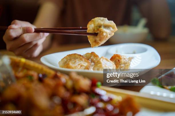 close up of an asian woman enjoying freshly served traditional chinese grilled dumpling with chopsticks in a restaurant - dim sum stock pictures, royalty-free photos & images