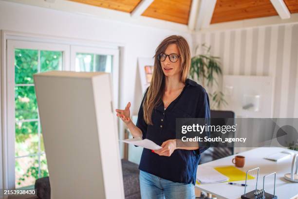 focused woman rehearsing her speech at home - monologue stock pictures, royalty-free photos & images