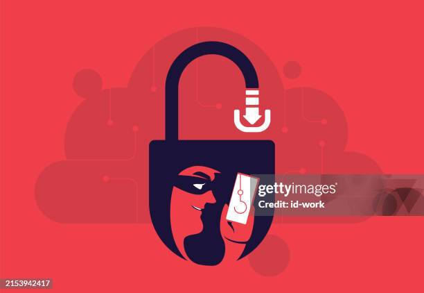 ilustraciones, imágenes clip art, dibujos animados e iconos de stock de hacker mirando un teléfono inteligente con el candado abierto - ransomware