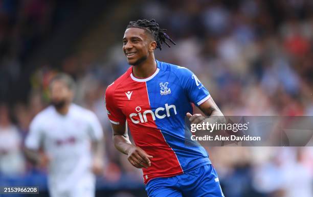 Michael Olise of Crystal Palace reacts during the Premier League match between Crystal Palace and Aston Villa at Selhurst Park on May 19, 2024 in...