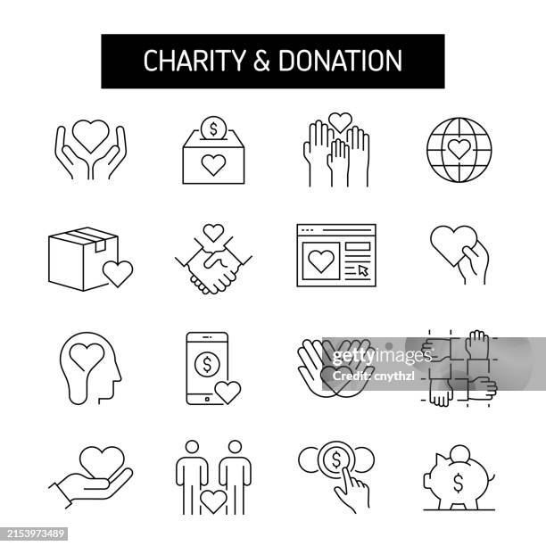 ilustraciones, imágenes clip art, dibujos animados e iconos de stock de charity and donation line icon set. volunteer, help, food, donate, clothes, support - dedicación