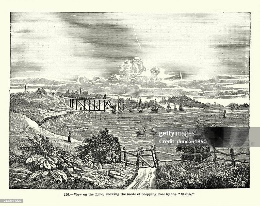 History of Mining, Ships on the River Tyne loading coal, Coal Staith, Vintage Illustration, 1850s 19th Century