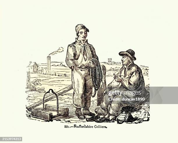 history of mining, staffordshire colliers, coal miners, vintage illustration, 1850s 19th century - pit mine stock illustrations