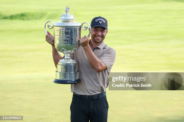 Xander Schauffele of the United States poses with the Wanamaker Trophy after winning the final round of the 2024 PGA Championship at Valhalla Golf...