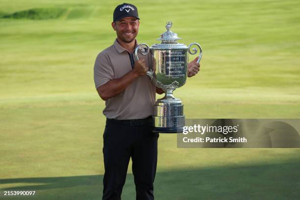 Xander Schauffele of the United States poses with the Wanamaker Trophy after winning the final round of the 2024 PGA Championship at Valhalla Golf...