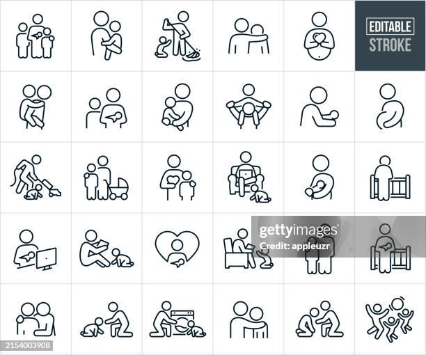 illustrazioni stock, clip art, cartoni animati e icone di tendenza di icone a linea sottile padre singolo - tratto modificabile - tristezza