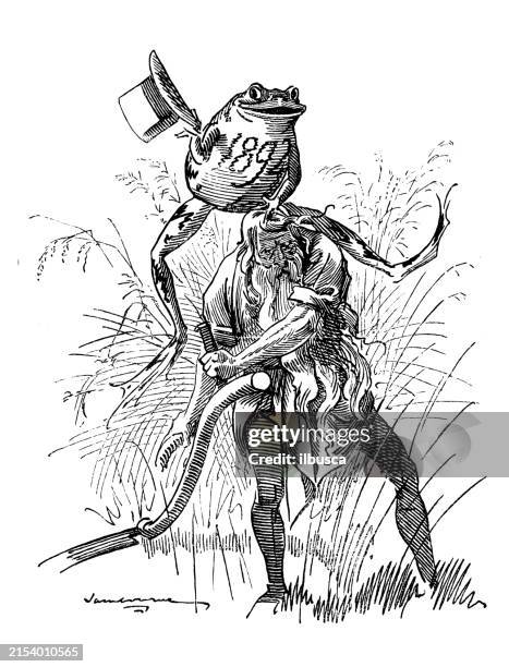 british satire caricature comic cartoon illustration - frog jumping illustration stock illustrations
