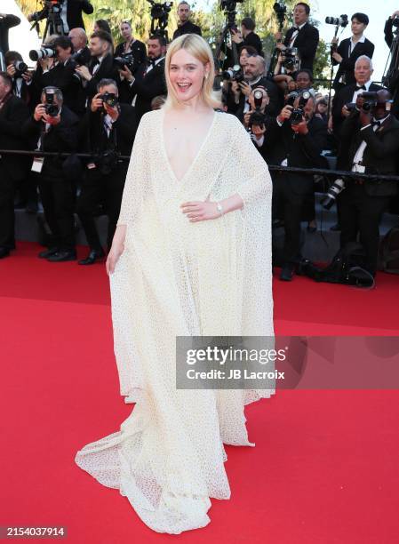Elle Fanning attends the Red Carpet of the closing ceremony at the 77th annual Cannes Film Festival at Palais des Festivals on May 24, 2024 in...