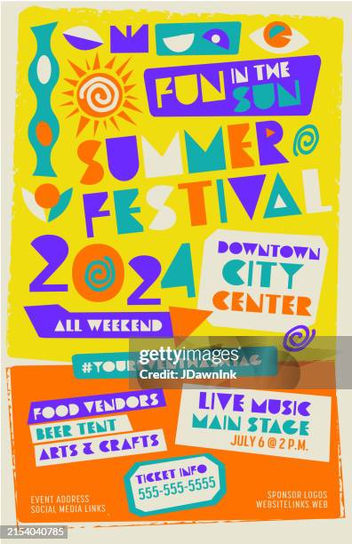 ilustraciones, imágenes clip art, dibujos animados e iconos de stock de plantilla de cartel del festival de verano con texto de colocación y elementos coloridos abstractos de estilo risógrafo - póster