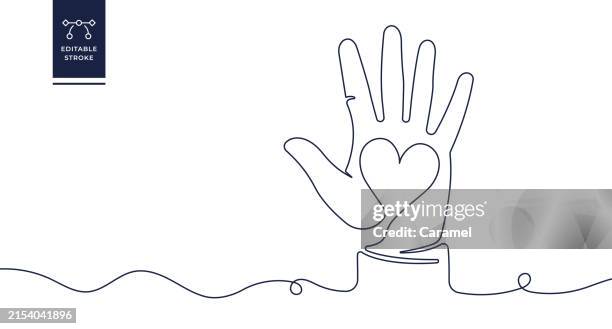 palm of hand with heart continuous line icon - continuous line drawing stock illustrations