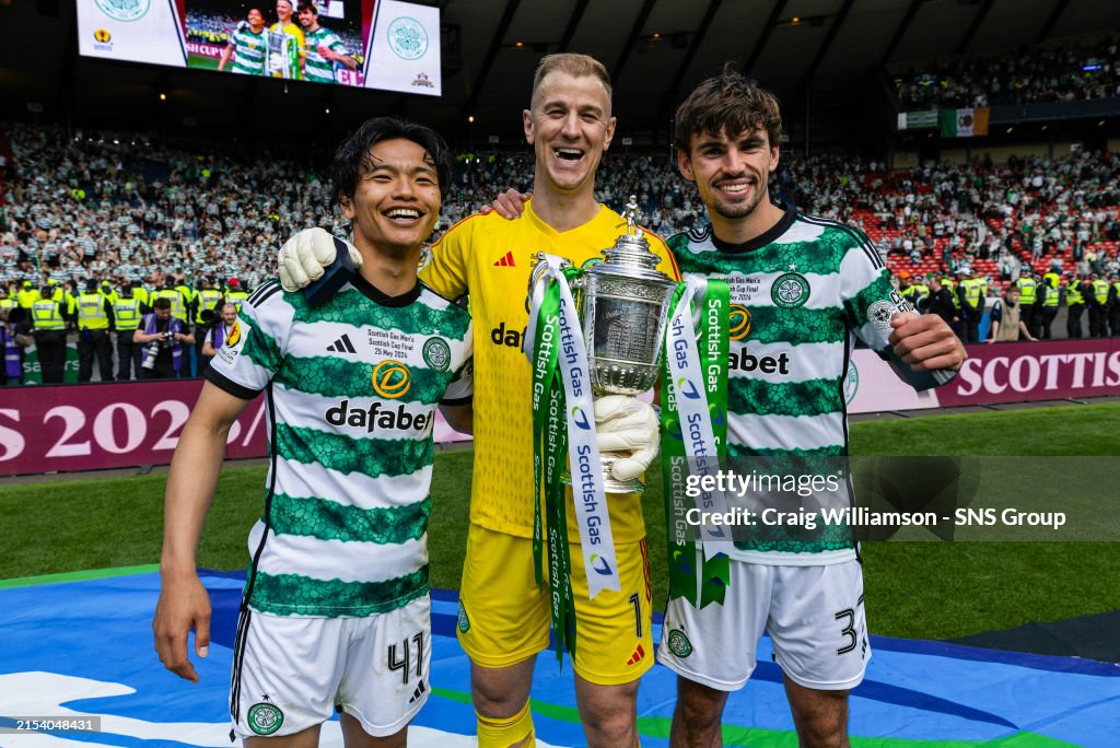 Nicky Riley Celtic Celtic's Reo Hatate, Joe Hart and Matt O'Riley with the trophy at ...
