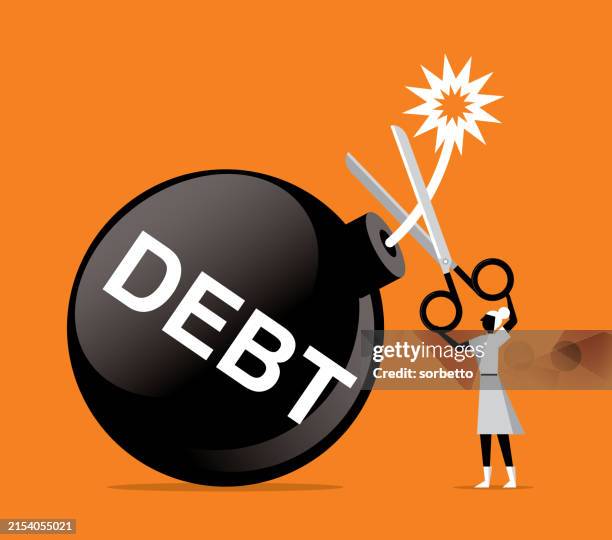 geschäftsfrau hält schere schneiden schulden bombe - zeitbombe stock-grafiken, -clipart, -cartoons und -symbole