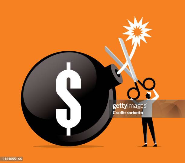 schere halten, um die schuldenbombe zu durchschneiden - geschäftsmann - zeitbombe stock-grafiken, -clipart, -cartoons und -symbole