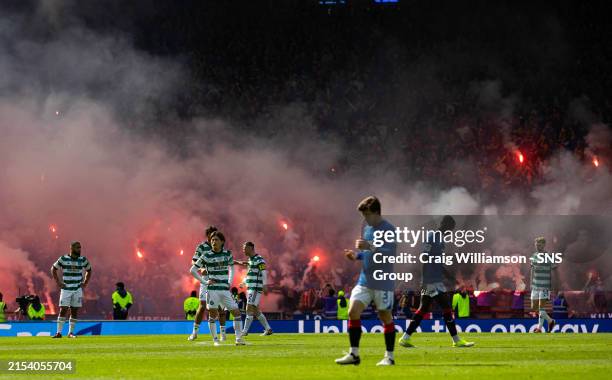 General view of pyrotechnics during a Scottish Gas Scottish Cup final match between Celtic and Rangers at Hampden Park, on May 25 in Glasgow,...