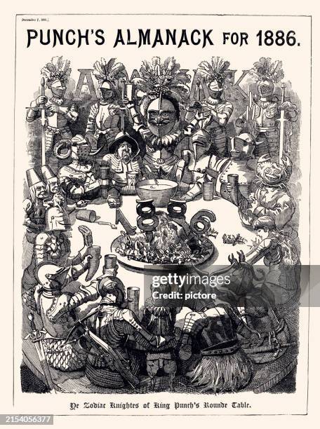 the zodiac knights of the round table : british satire (xxxl) - table fight stock illustrations
